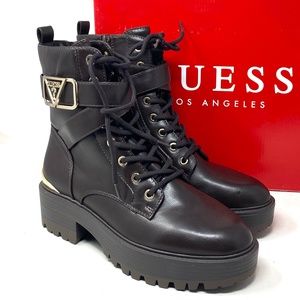 GUESS Flat Combat Booties Dark Brown Faux Leather Women's Size Heel GFFINLEES
